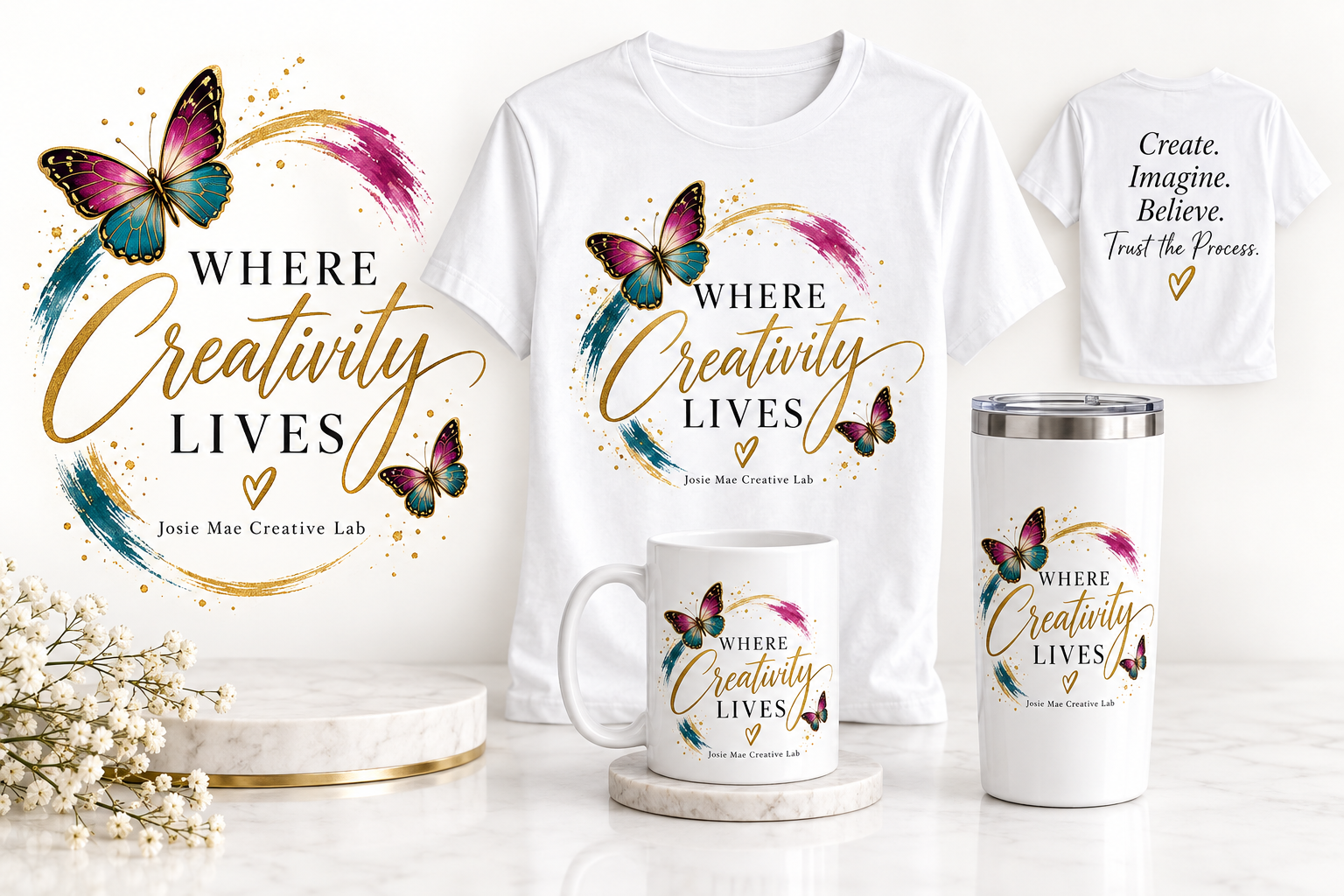 Josie Mae Creative Lab 'Where Creativity Lives' branded white T-shirt with butterfly transfer artwork alongside sample mug and tumbler