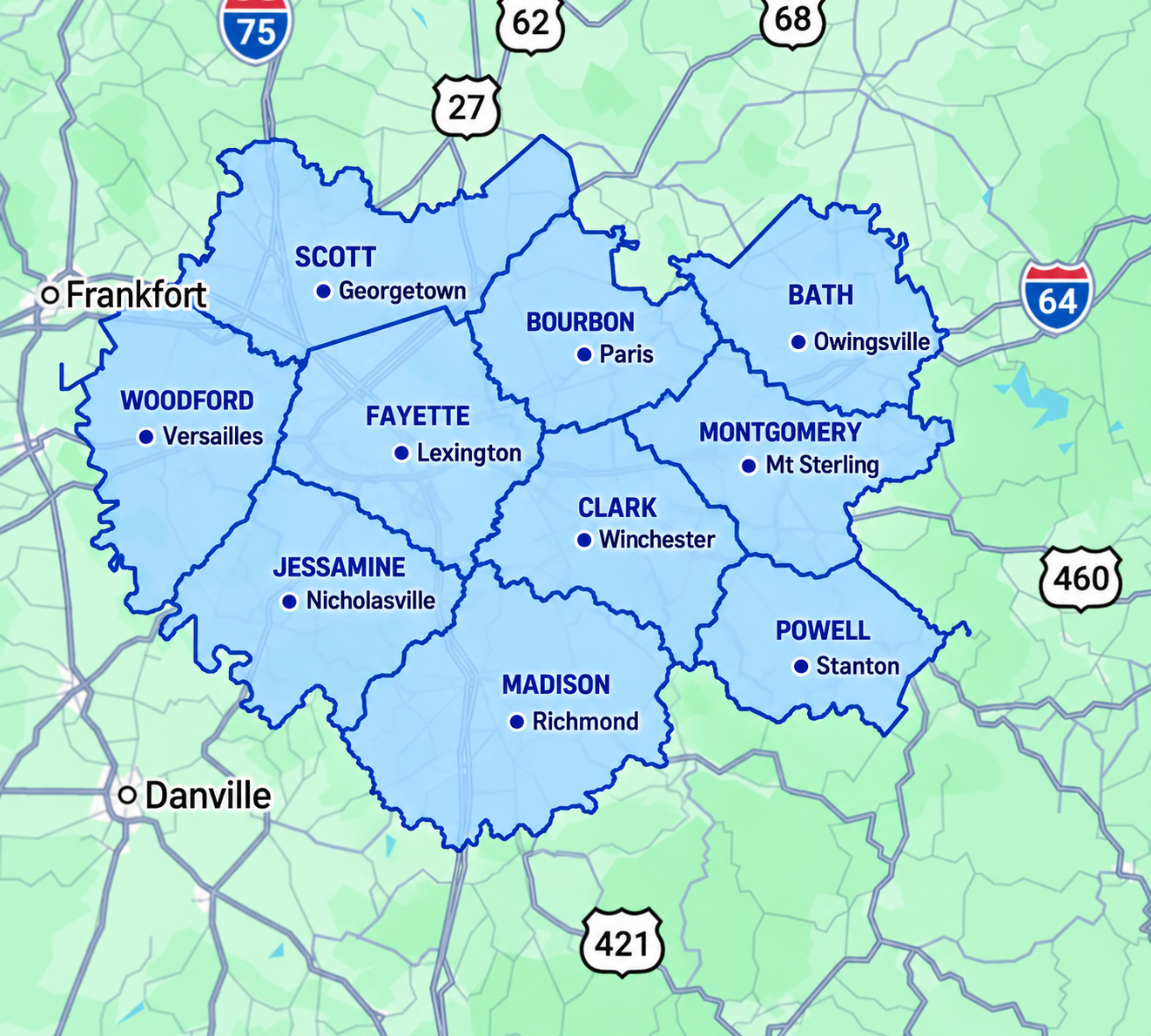 EJ's Appliance Repair Central Kentucky service area map covering Lexington, Georgetown, Richmond, Berea, Mt Sterling, Winchester, Nicholasville, and surrounding counties