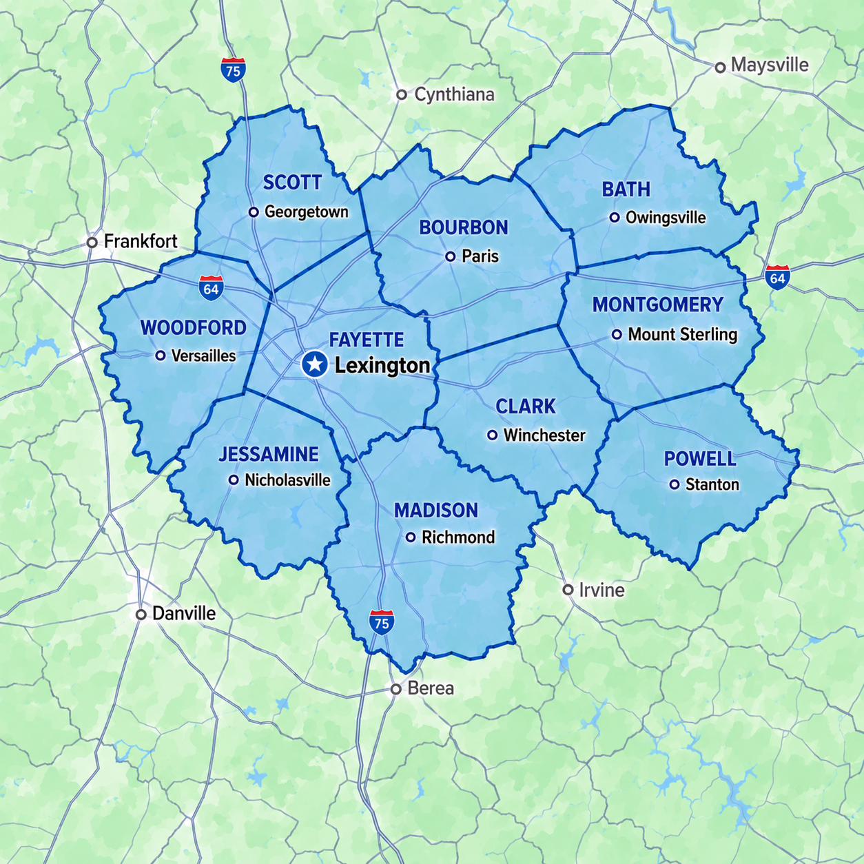 EJ's Appliance Repair Central Kentucky service area map covering Lexington, Georgetown, Richmond, Berea, Mt Sterling, Winchester, Nicholasville, and surrounding counties