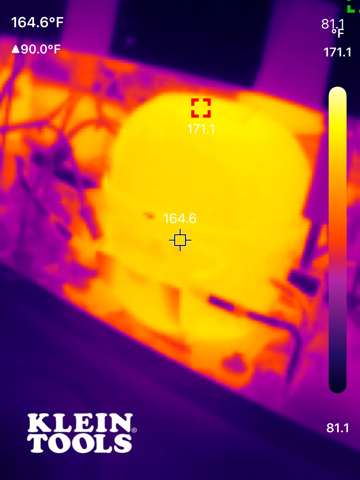 Klein Tools thermal imaging camera diagnosing a 171°F hot compressor