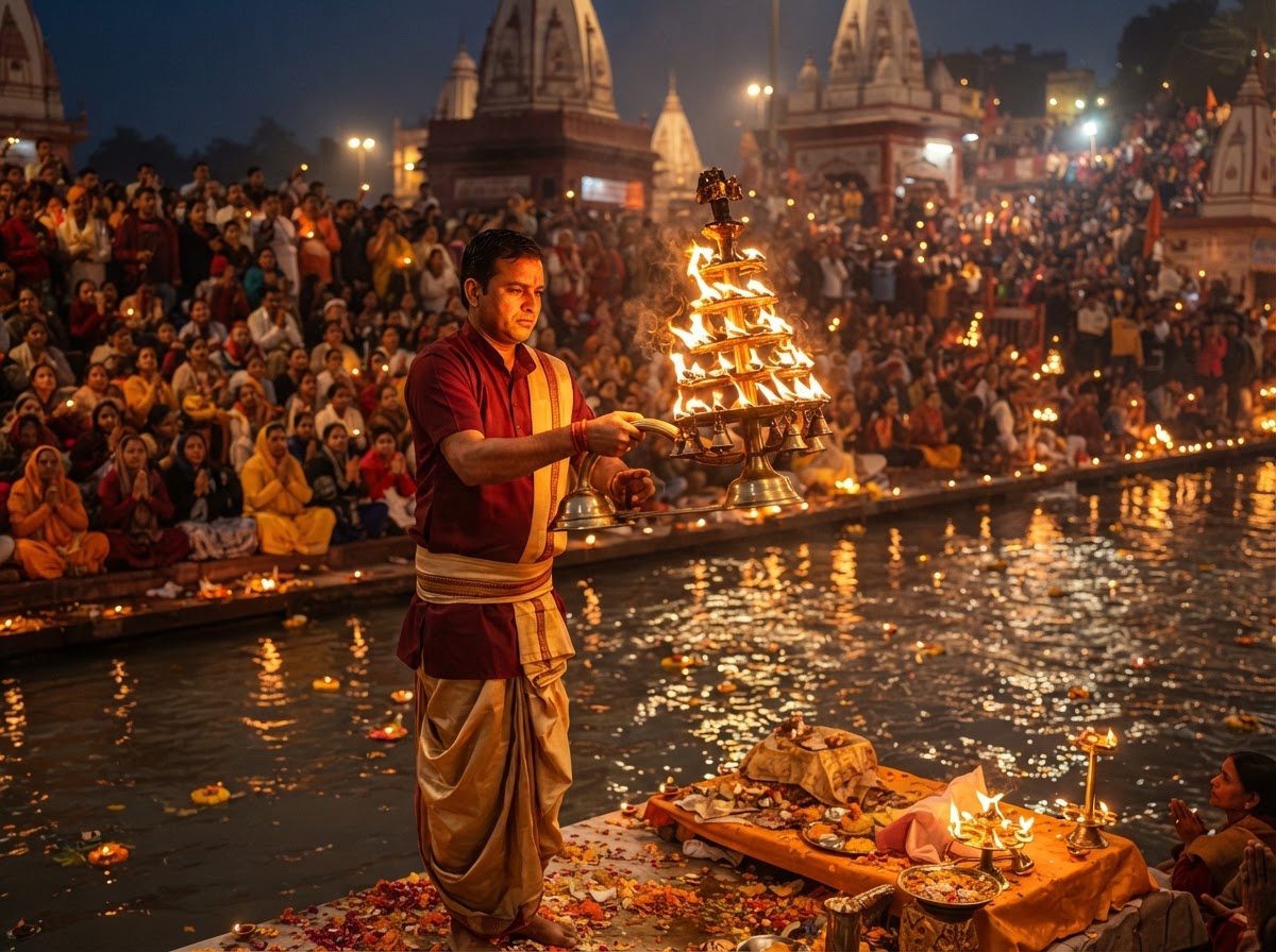 Ganga Aarti ceremony at Haridwar with a priest holding a brass oil lamp
