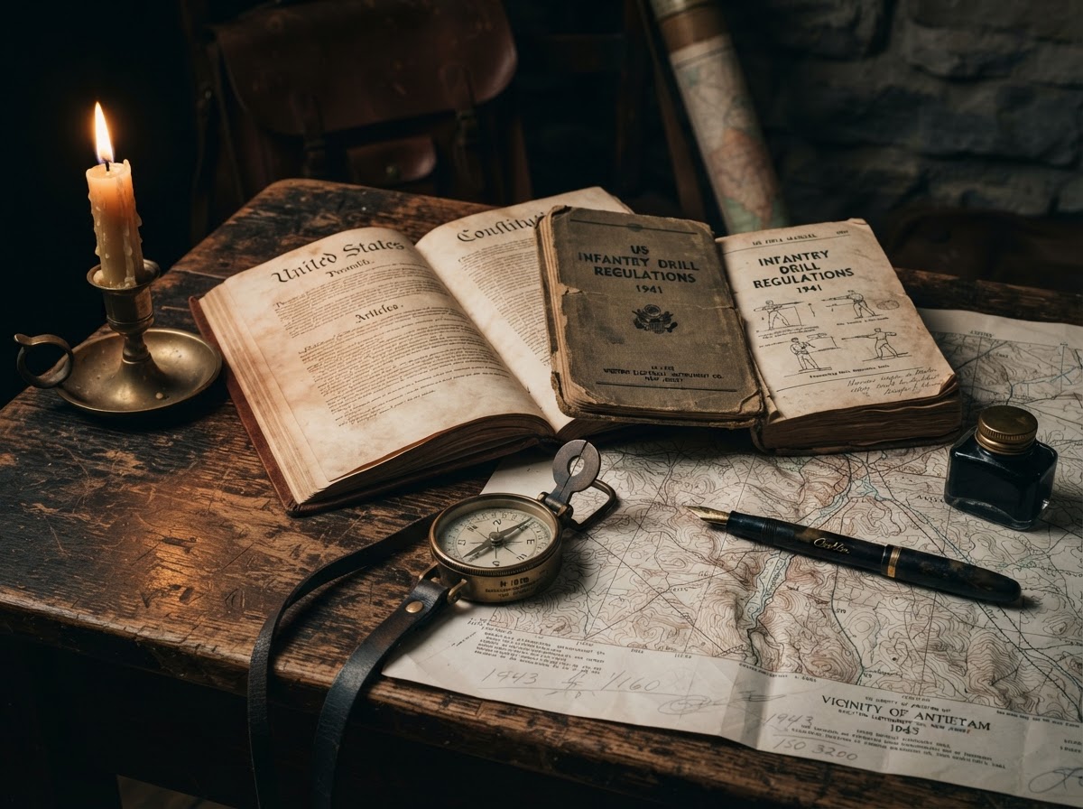 The Constitution and a field manual on a weathered desk under low light