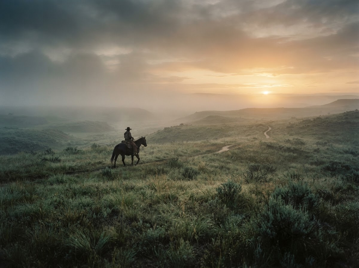 Lone horseback rider on a misty American plain at dawn
