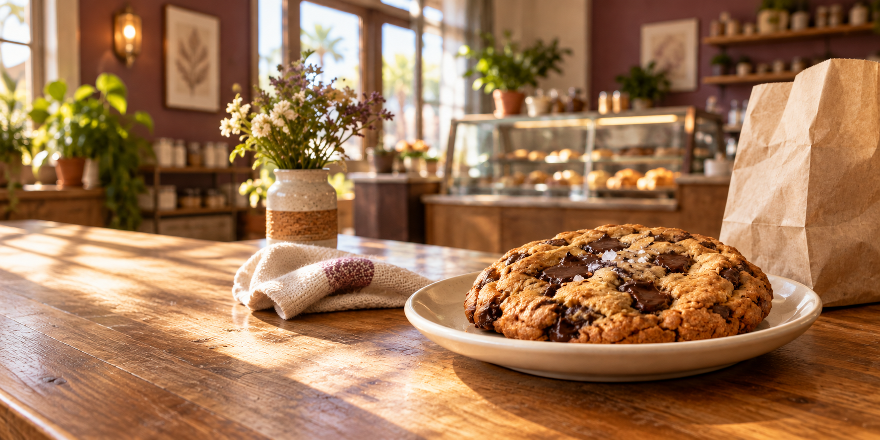 Fresh chocolate chip cookie at a neighborhood bakery
