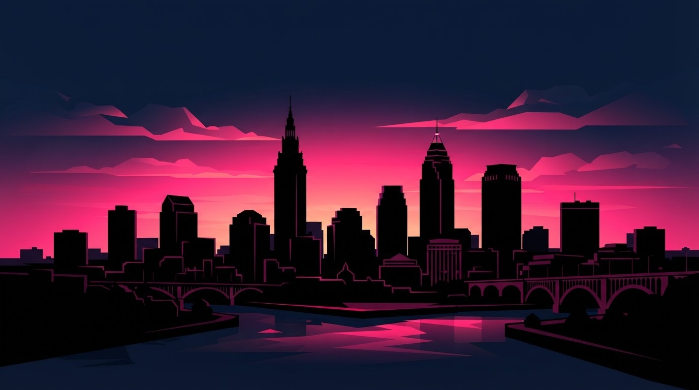 Cleveland skyline at dusk in navy and pink