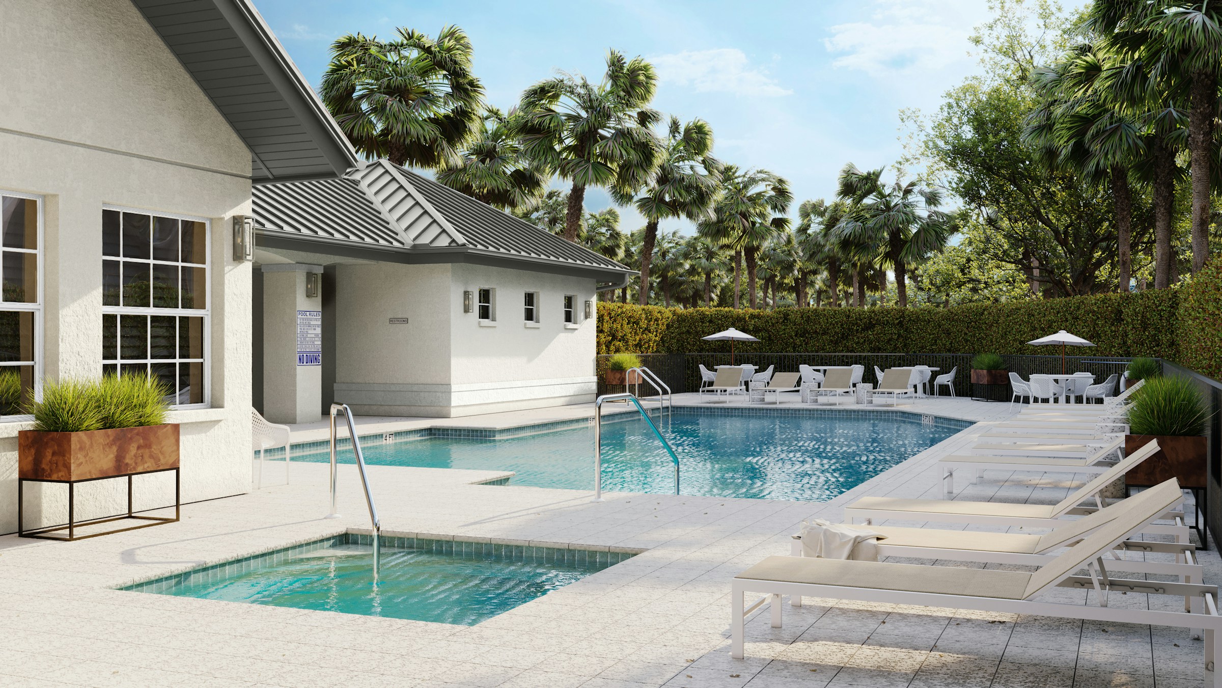 North Naples style community pool with sun loungers and pool building