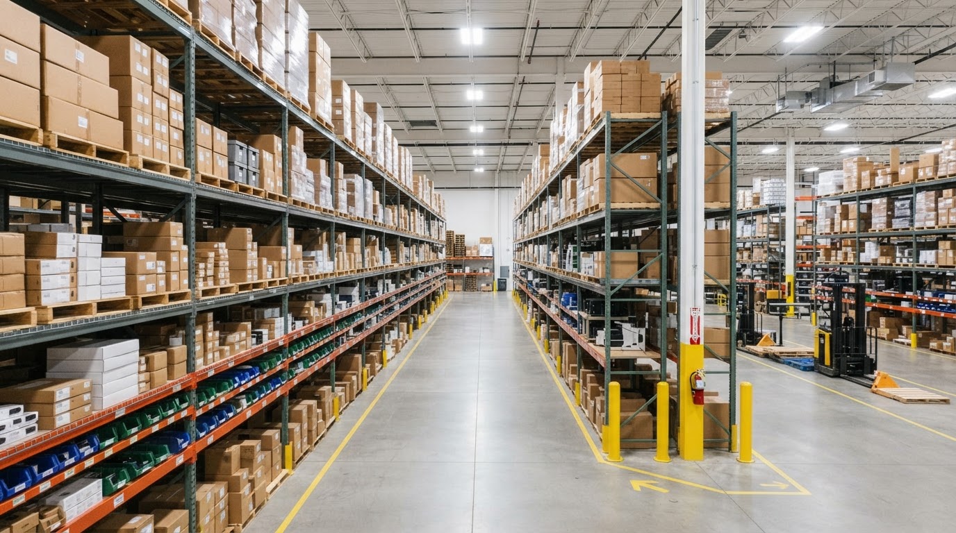 Organized commercial distribution warehouse with shelves of amusement equipment and components