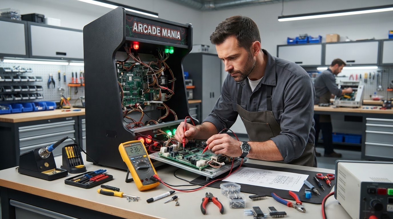 Professional technician diagnosing and repairing commercial amusement equipment with a multimeter