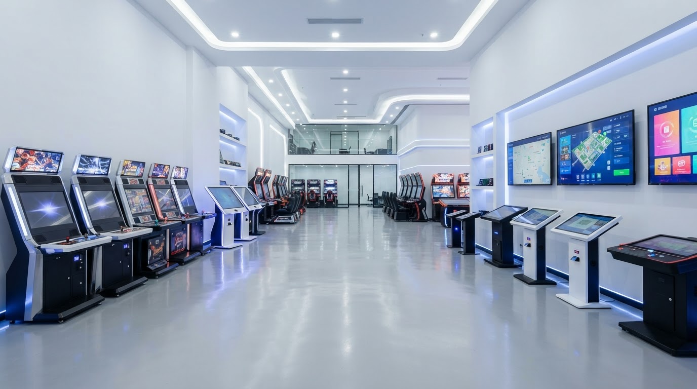 Commercial amusement equipment showroom with arcade cabinets, kiosks and touchscreen displays