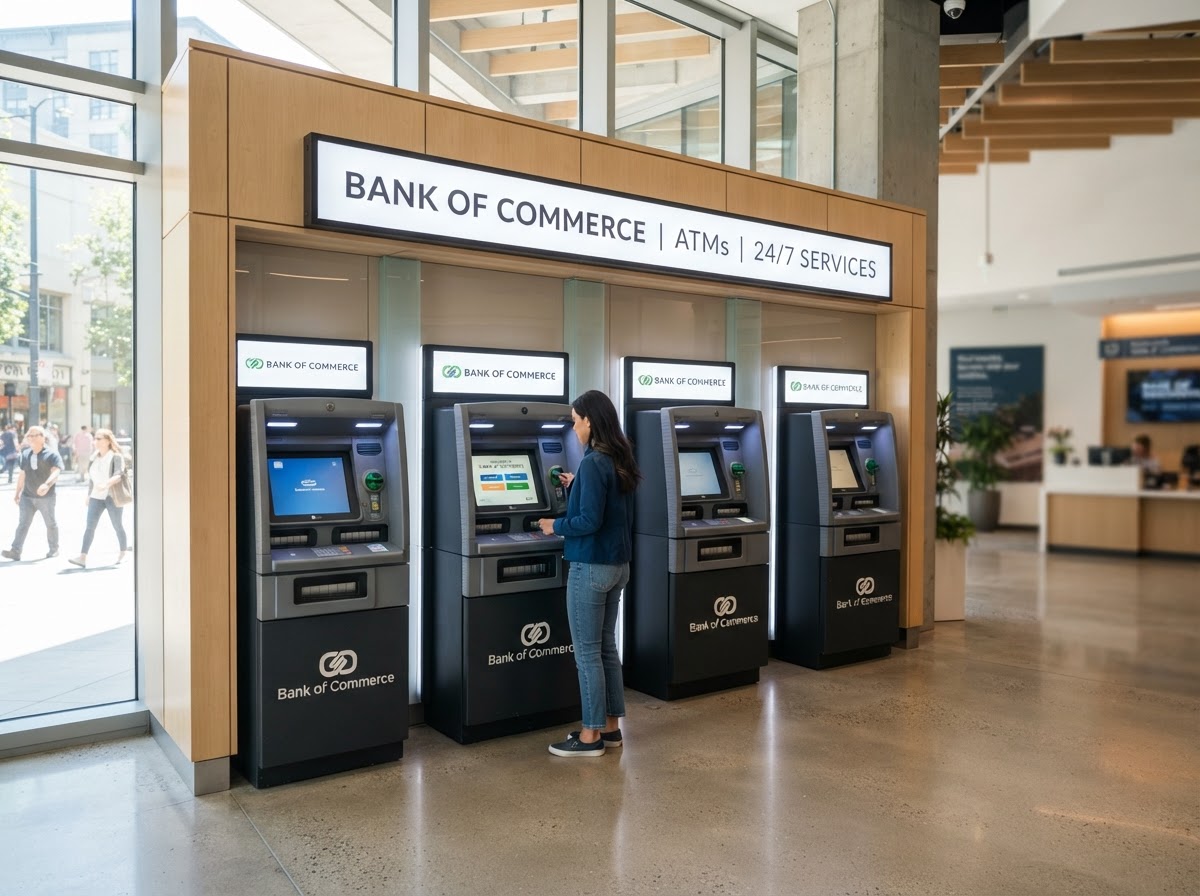 Modern ATM machines in a bright retail environment