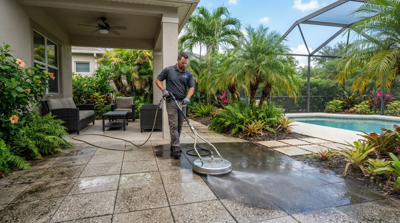 Concrete and paver backyard patio being pressure washed near New Smyrna Beach, Florida