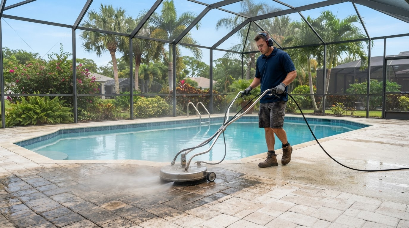 Concrete and paver pool deck being professionally pressure cleaned near New Smyrna Beach, Florida