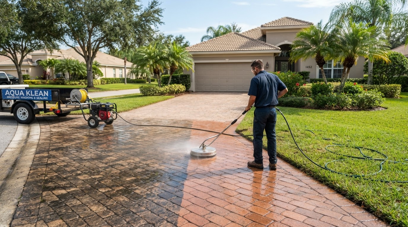 Professional pressure washing of a residential paver driveway serving Deltona, Florida