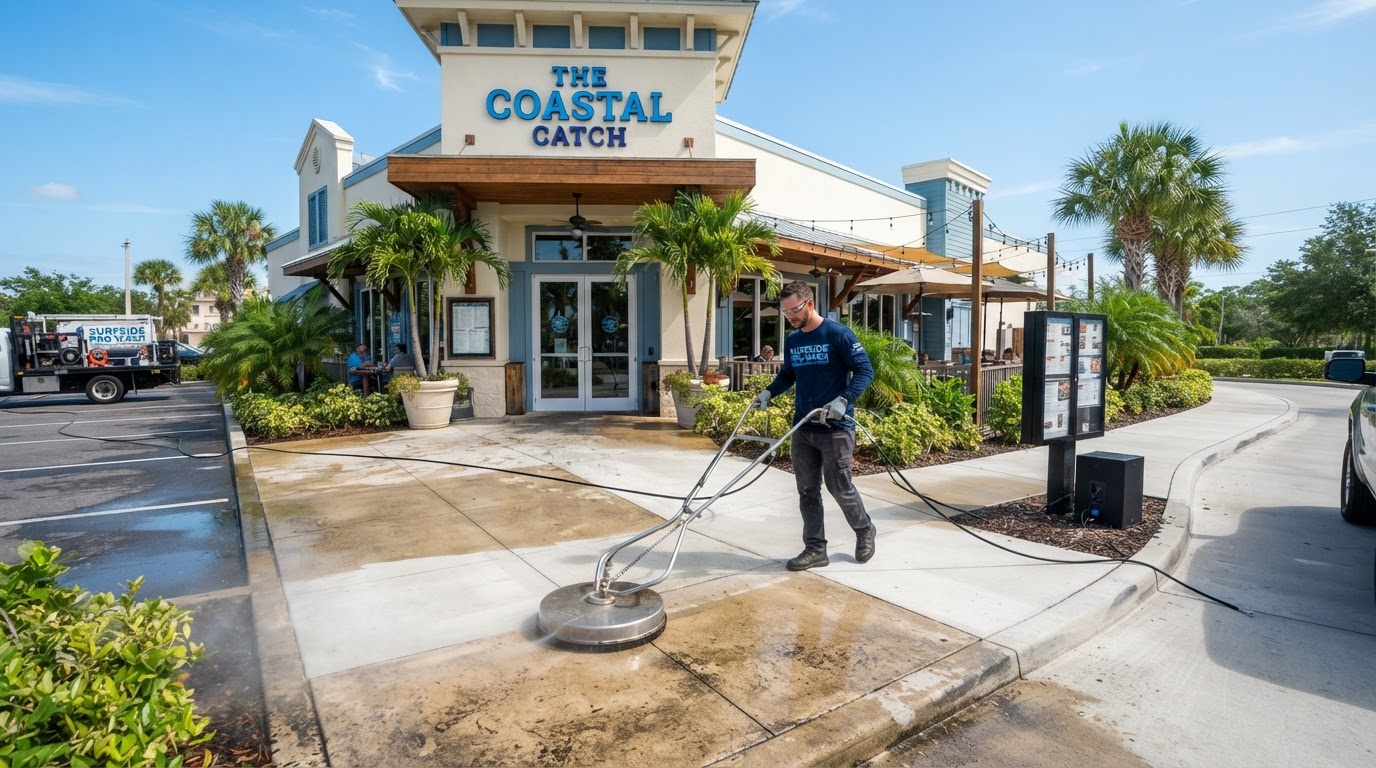 Restaurant entrance and drive-thru concrete pressure washing near New Smyrna Beach, Florida