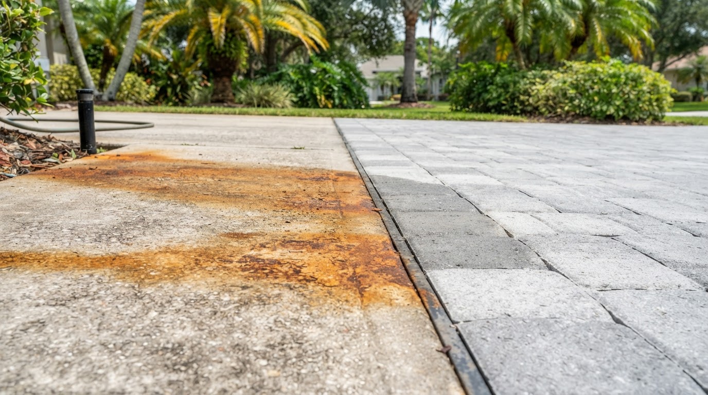 Orange-brown irrigation sprinkler rust staining on a concrete driveway and pavers next to a cleaned section near New Smyrna Beach, Florida