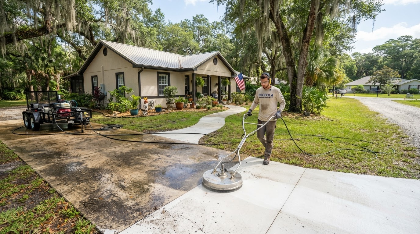 Professional pressure washing of a residential concrete driveway serving Osteen, Florida