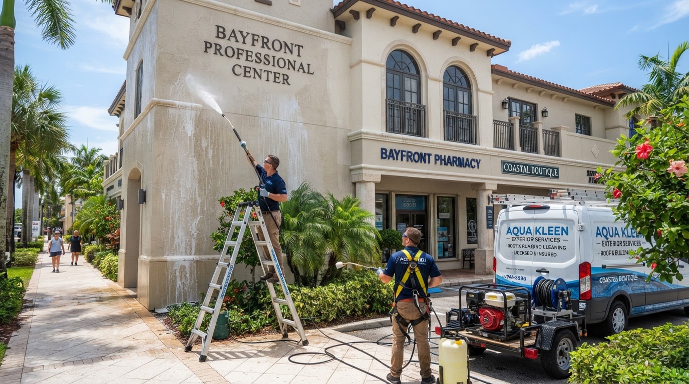 Low-pressure exterior building washing of a commercial stucco facade near New Smyrna Beach, Florida