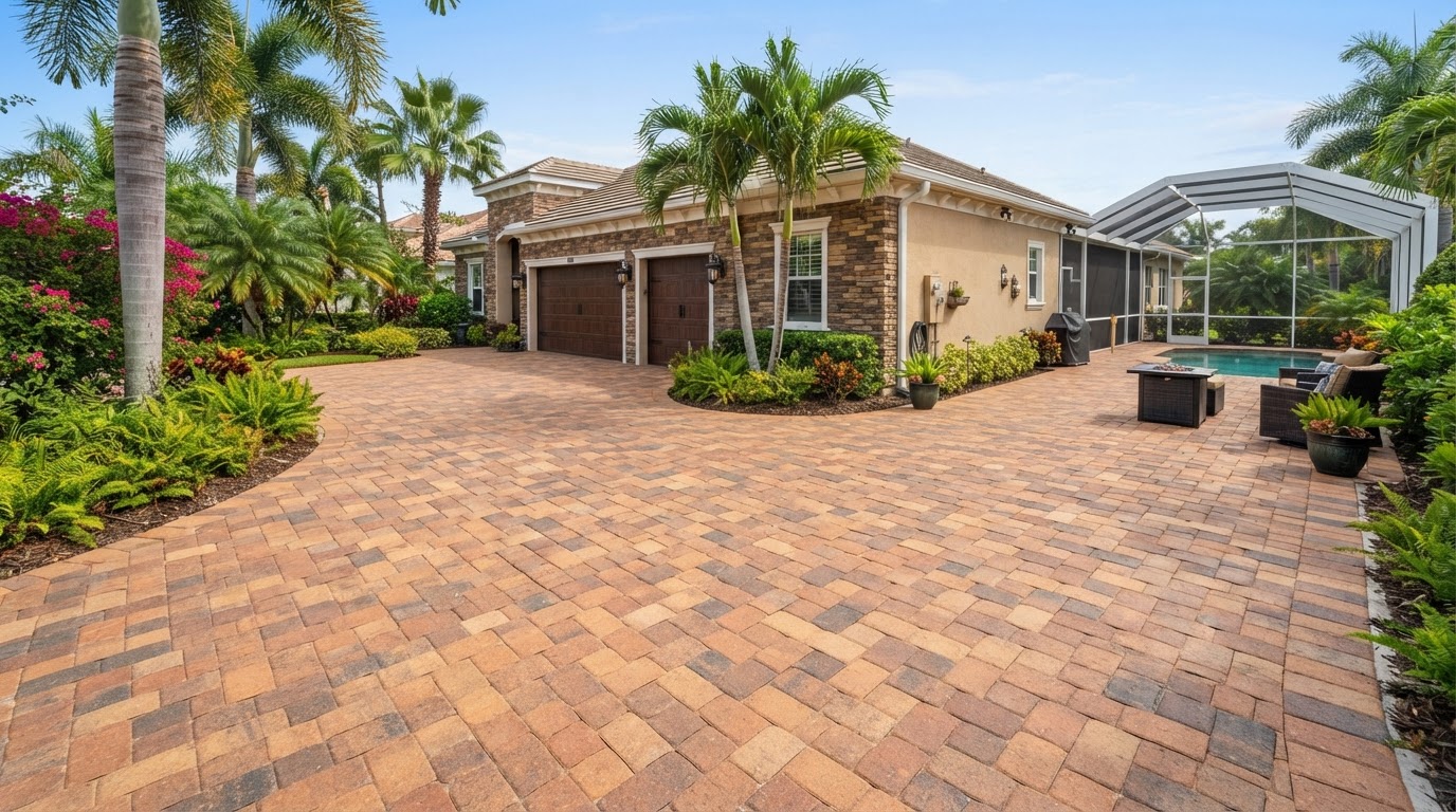 Restored brick paver driveway and patio with renewed color and re-sanded joints near New Smyrna Beach, Florida