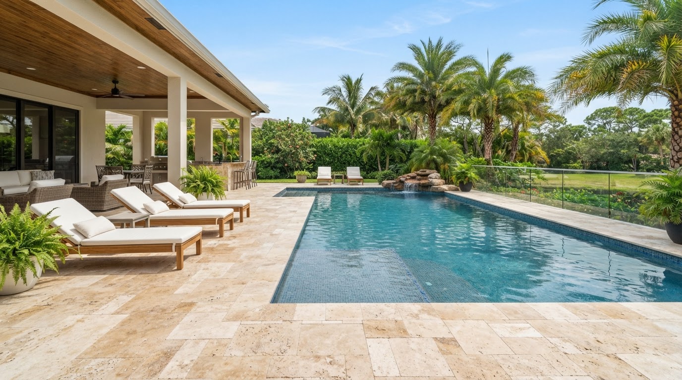 Premium travertine pool deck and patio with natural stone variation near New Smyrna Beach, Florida