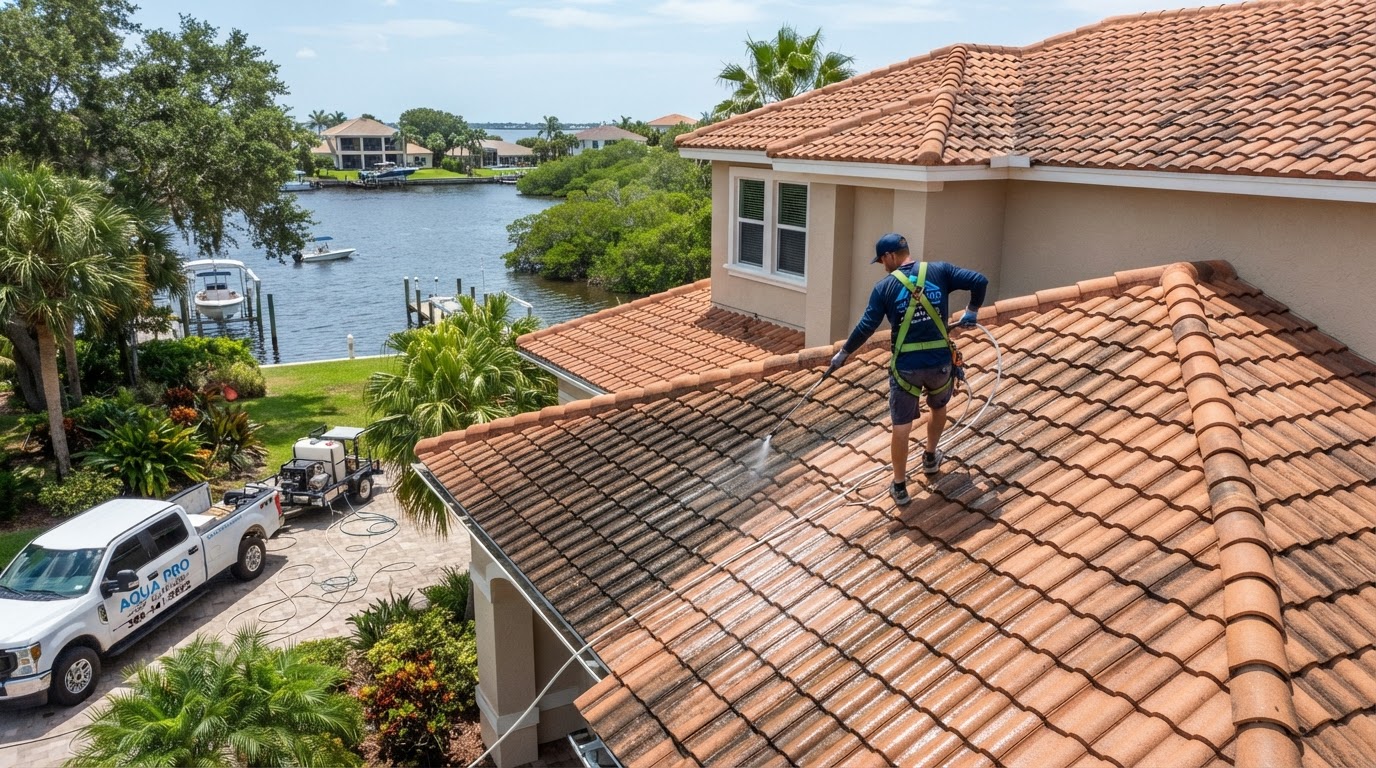 Professional roof soft washing of a residential barrel tile roof serving Oak Hill, Florida