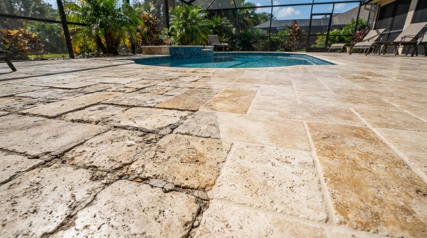 Travertine pool deck and patio showing deteriorated grout joints next to a repaired and cleaned section near New Smyrna Beach, Florida