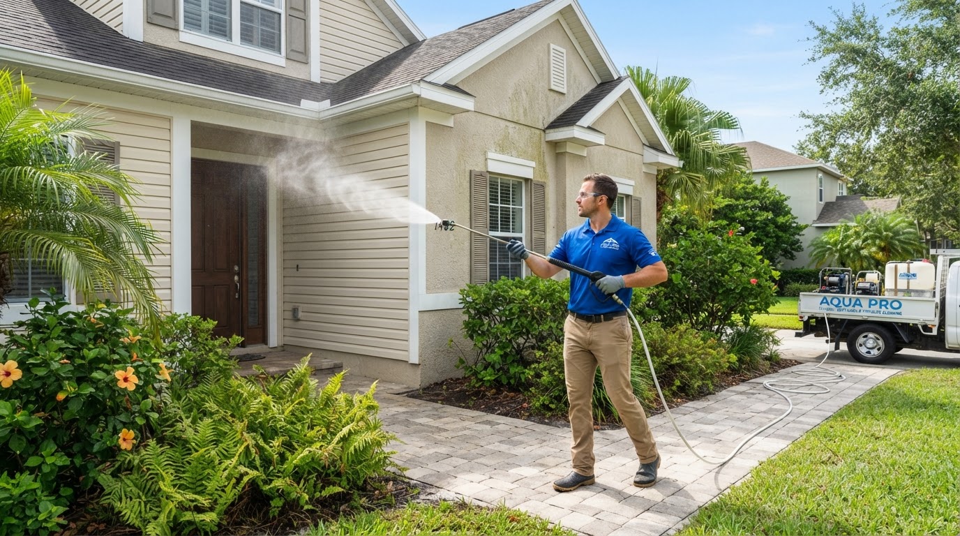 Low-pressure soft washing of a Florida home exterior near New Smyrna Beach, Florida