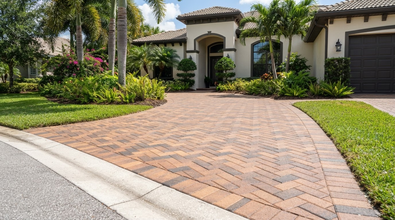 Freshly cleaned and sealed paver driveway with enhanced color near New Smyrna Beach, Florida