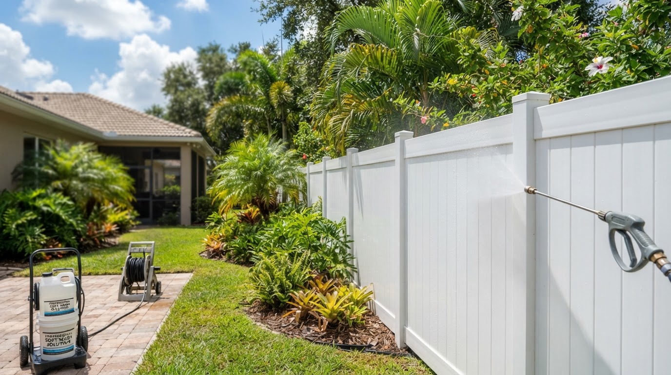 Clean white vinyl residential privacy fence after professional exterior washing near New Smyrna Beach, Florida
