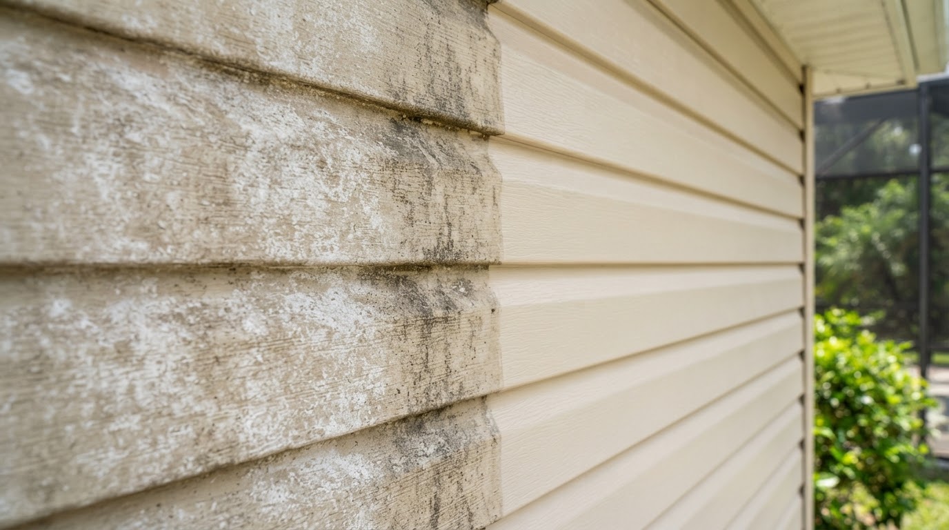 Chalky oxidized vinyl siding with uneven faded streaks next to a cleaner restored section near New Smyrna Beach, Florida