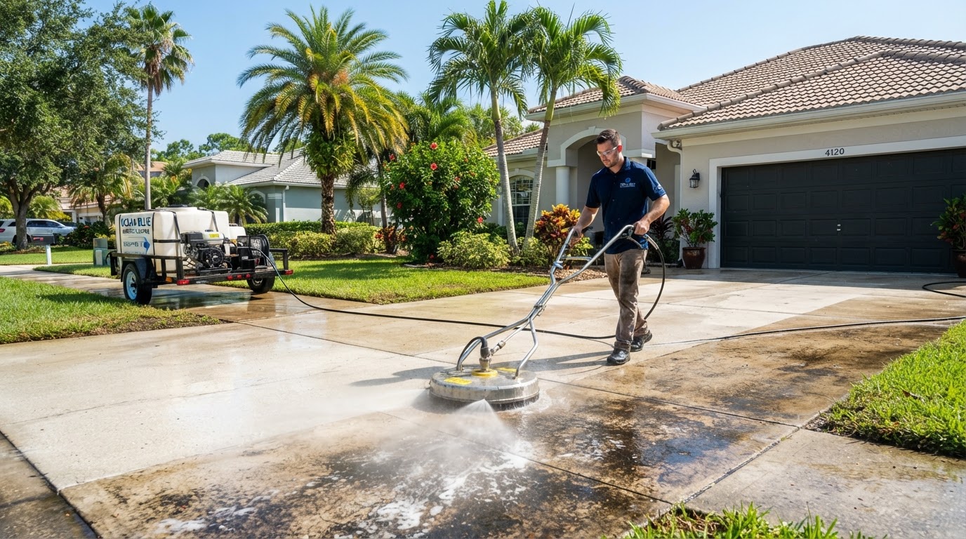 Professional pressure washing of a residential concrete driveway serving Edgewater, Florida