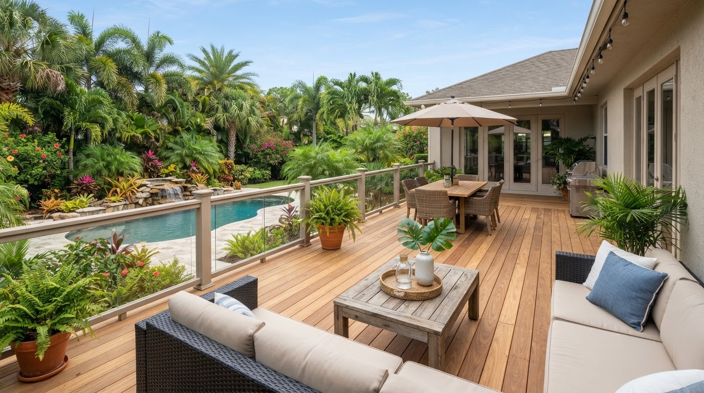Clean residential backyard wood and composite deck with natural finish near New Smyrna Beach, Florida