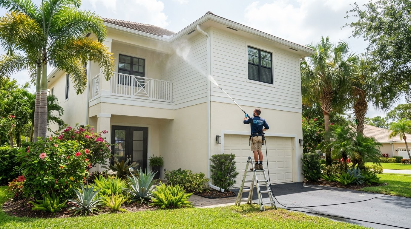 Low-pressure soft washing of a Florida home exterior serving Holly Hill, Florida