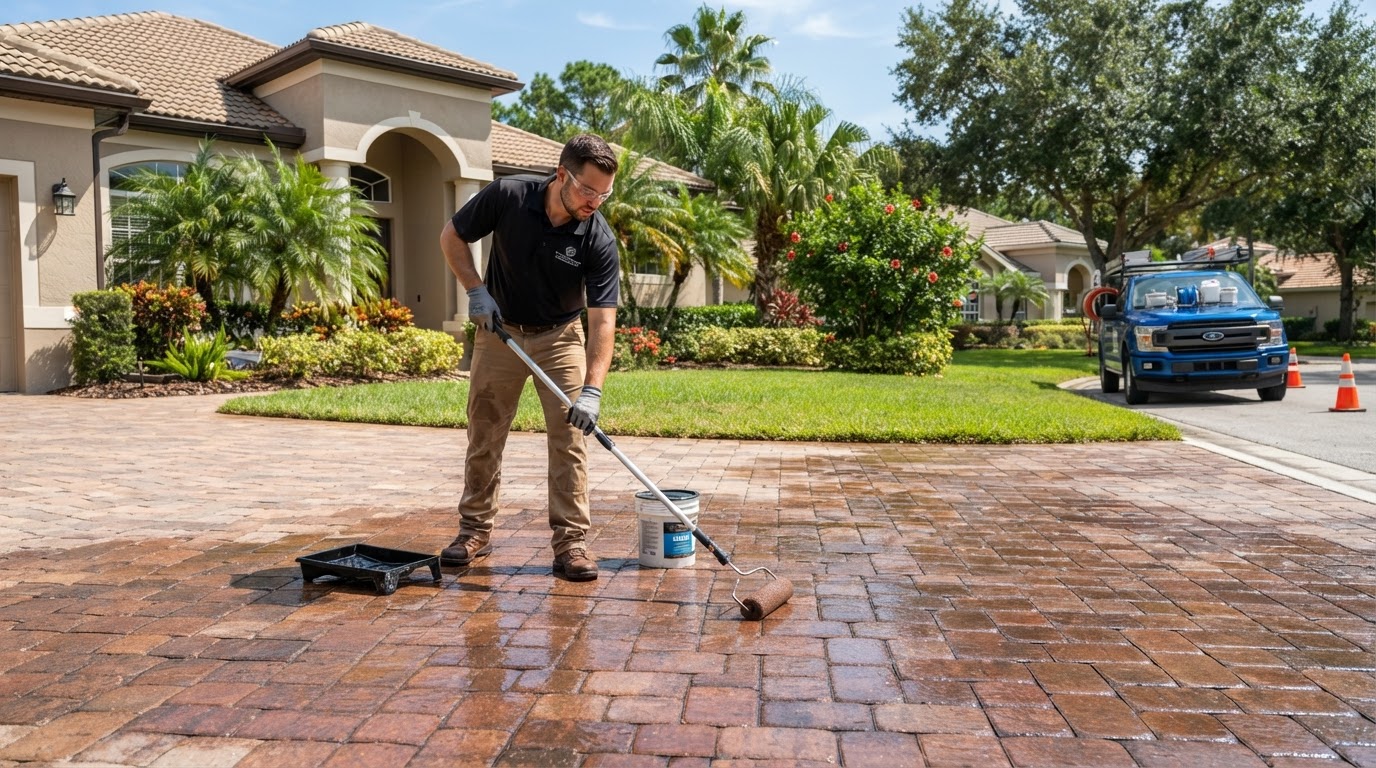 Professional paver sealing on a residential driveway serving Orange City, Florida
