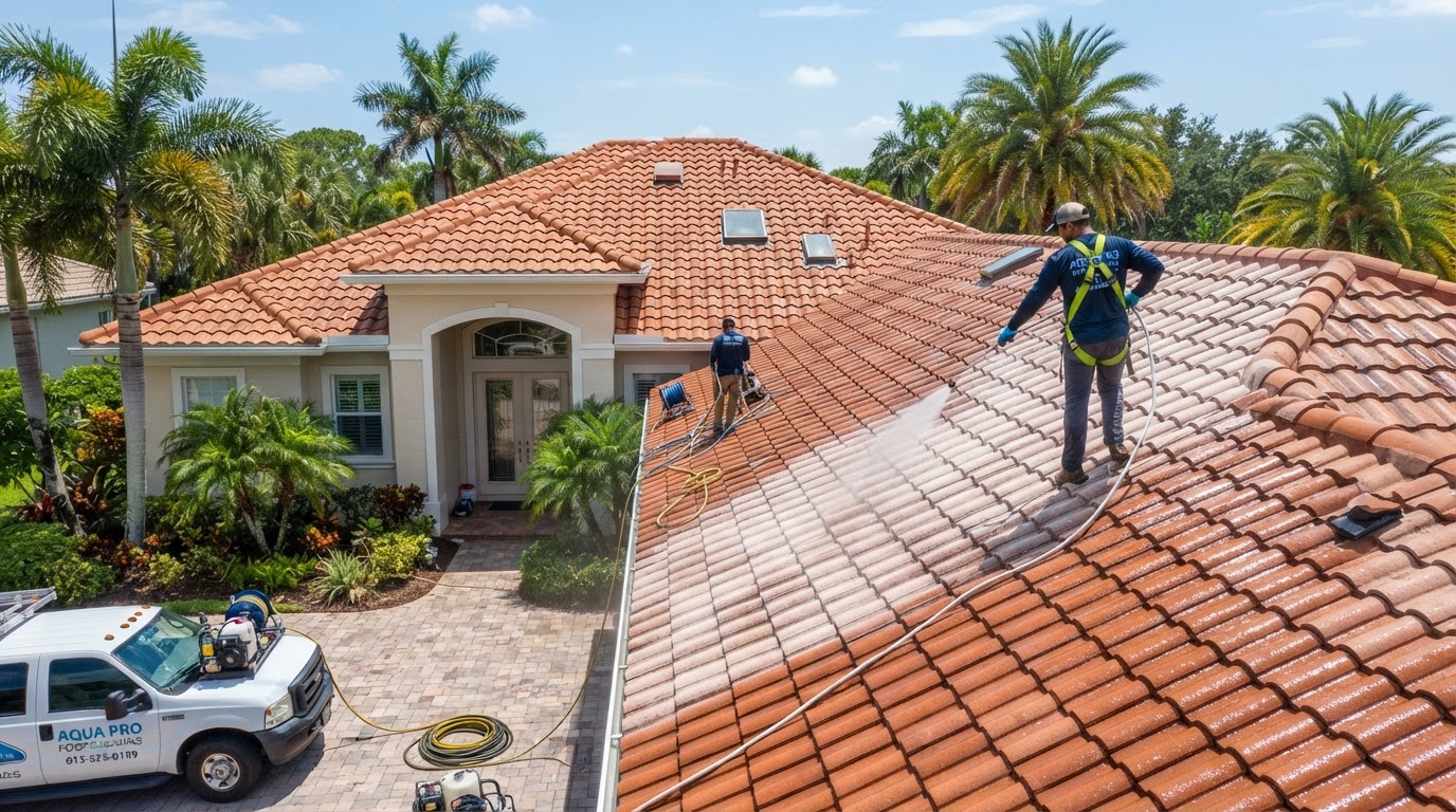 Professional roof soft washing of a residential barrel tile roof serving Ormond Beach, Florida