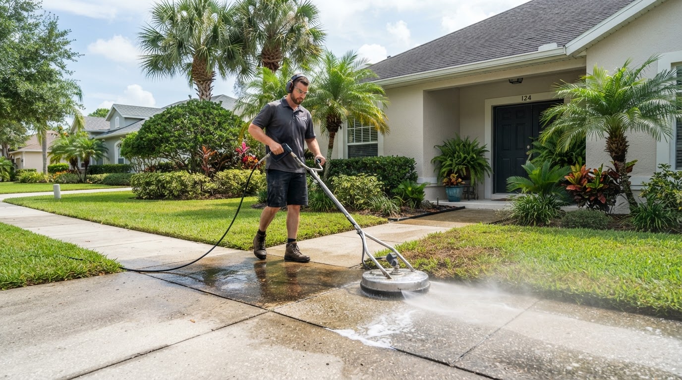 Professional sidewalk pressure washing of a concrete front walkway near New Smyrna Beach, Florida
