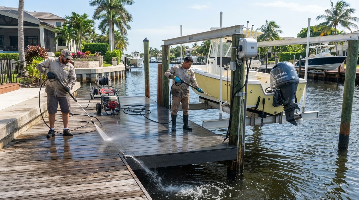 Florida waterfront residential dock and boat lift exterior being professionally cleaned near New Smyrna Beach, Florida