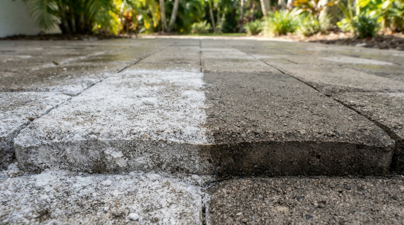 White efflorescence mineral haze on concrete pavers next to a clean restored section near New Smyrna Beach, Florida