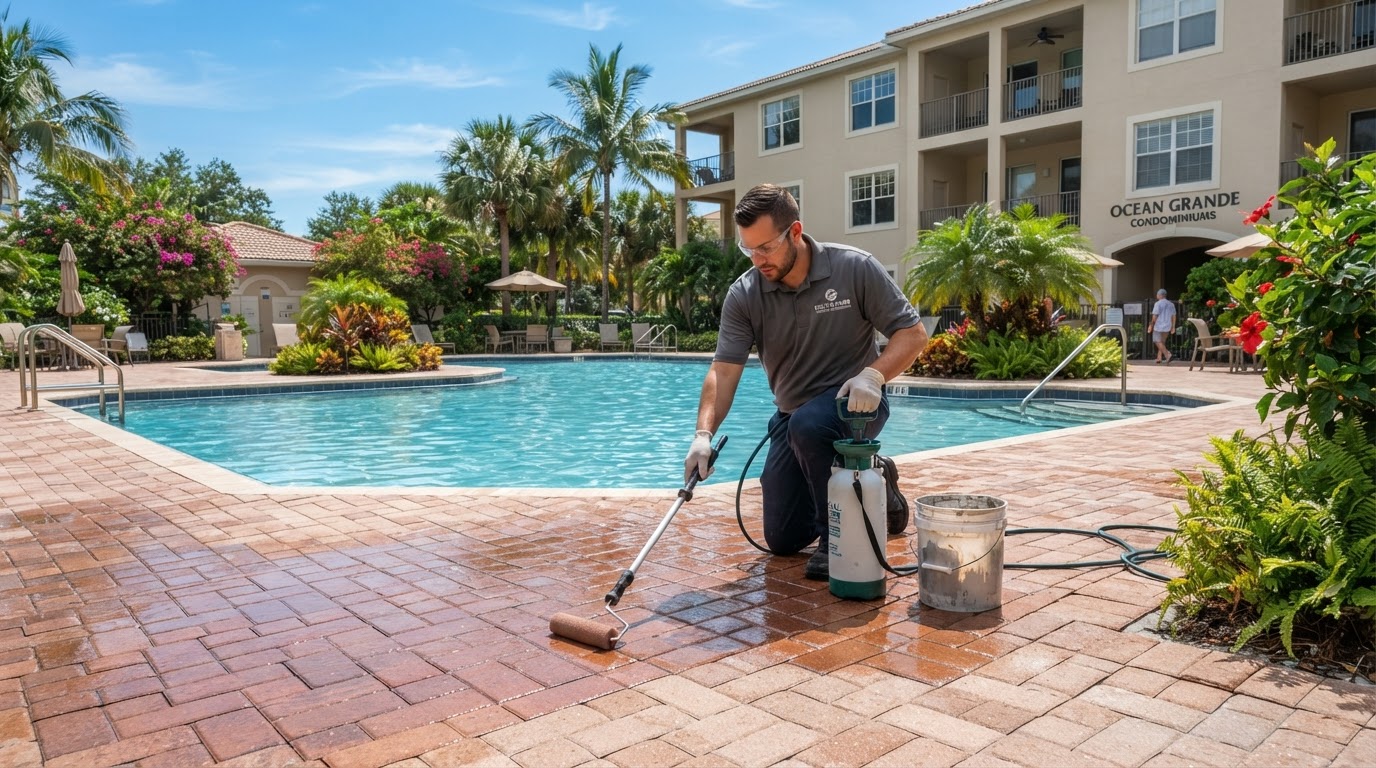 Professional paver sealing on a residential pool deck patio serving Daytona Beach Shores, Florida