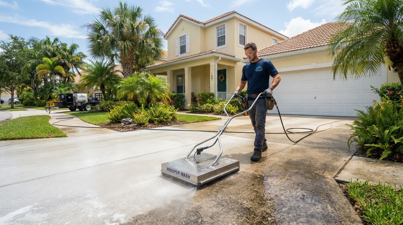 Technician pressure washing a residential concrete driveway with a surface cleaner near New Smyrna Beach, Florida