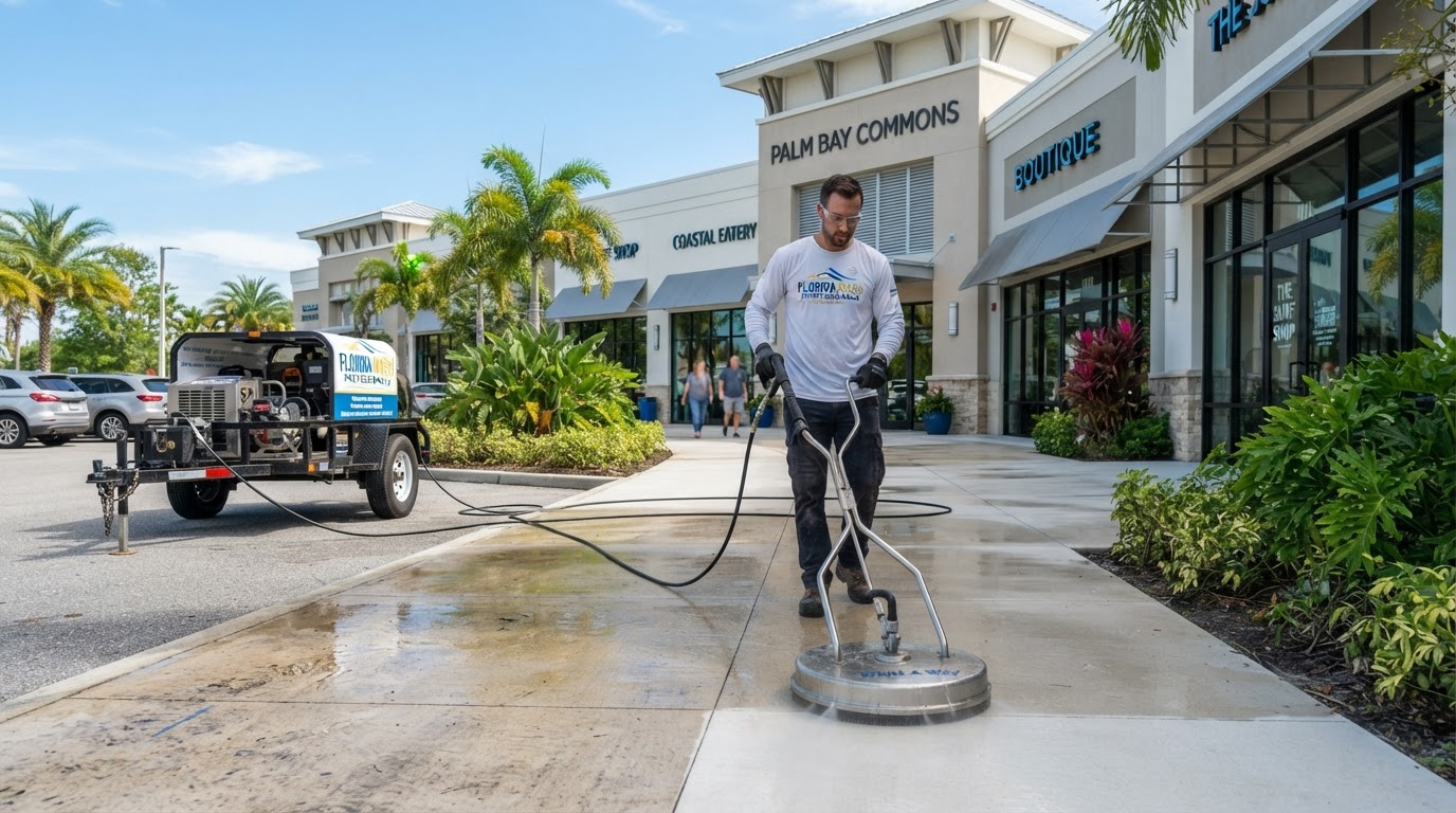 Commercial pressure washing of a retail plaza concrete walkway near New Smyrna Beach, Florida