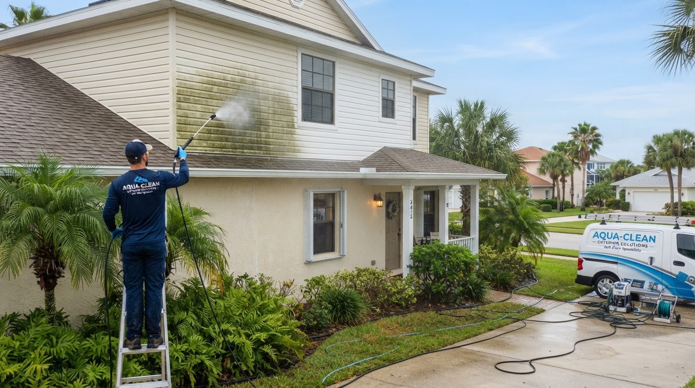 Professional exterior house washing of a coastal Florida home serving Wilbur-by-the-Sea, Florida