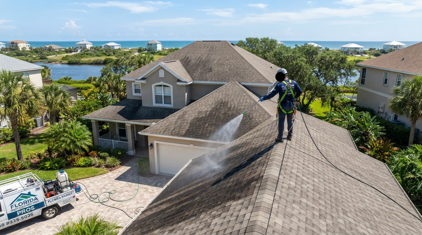 Professional roof soft washing for a coastal residential property serving Ormond-by-the-Sea, Florida