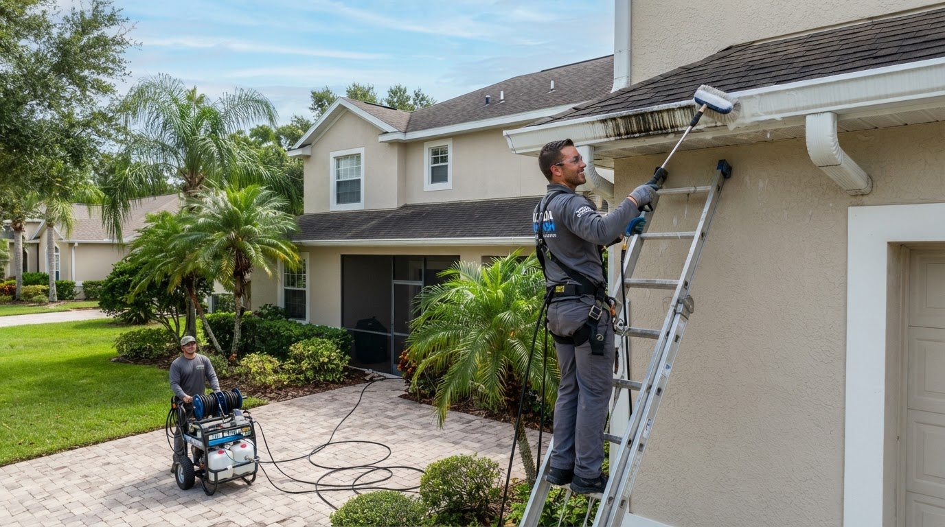 Professional low-pressure gutter brightening removing dark tiger-stripe stains from white aluminum gutters near New Smyrna Beach, Florida