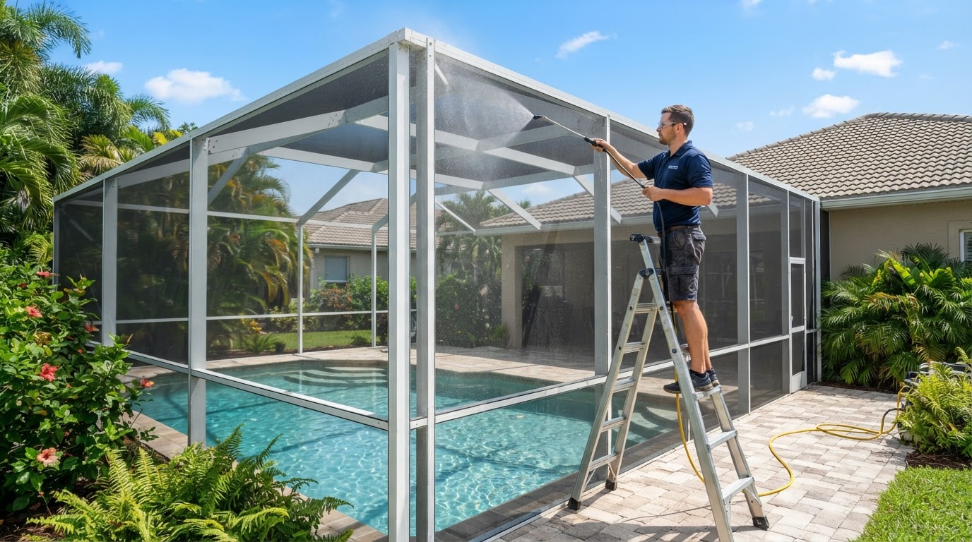 Screened Florida pool enclosure receiving professional low-pressure exterior cleaning near New Smyrna Beach, Florida