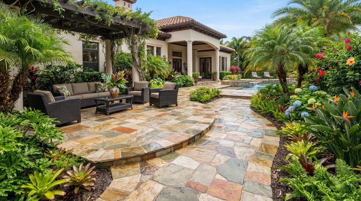 Natural flagstone exterior patio and walkway with realistic stone texture near New Smyrna Beach, Florida