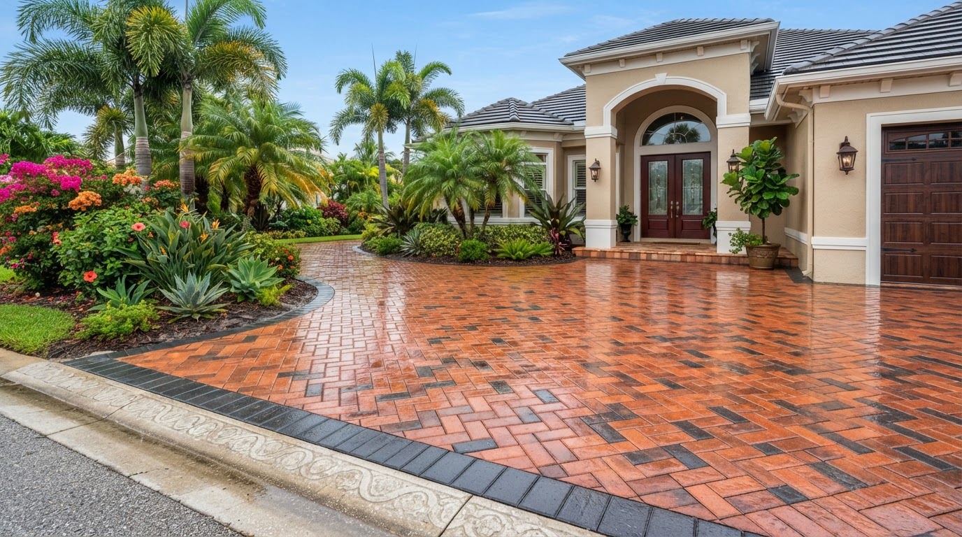 Freshly cleaned and sealed paver driveway near New Smyrna Beach, Florida