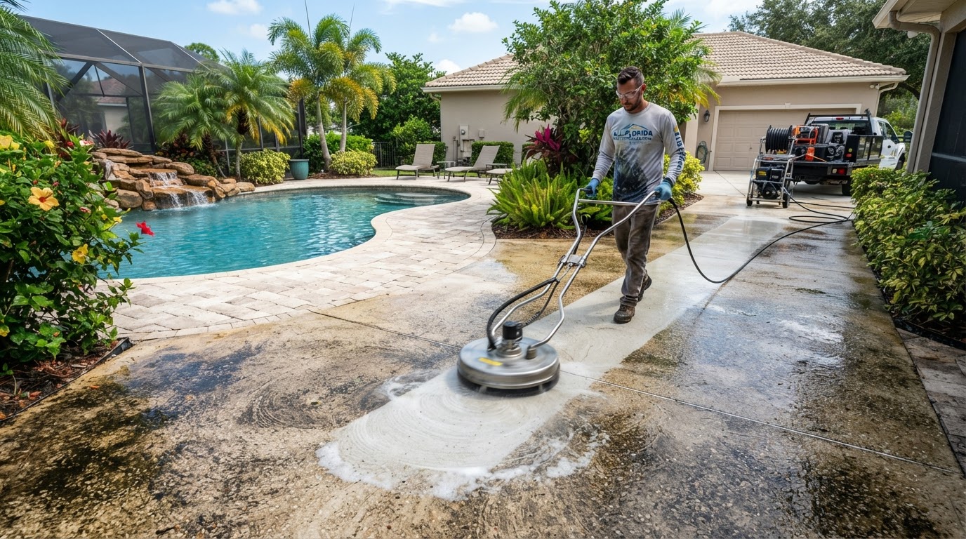 Professional concrete surface cleaning of a patio and walkway near New Smyrna Beach, Florida