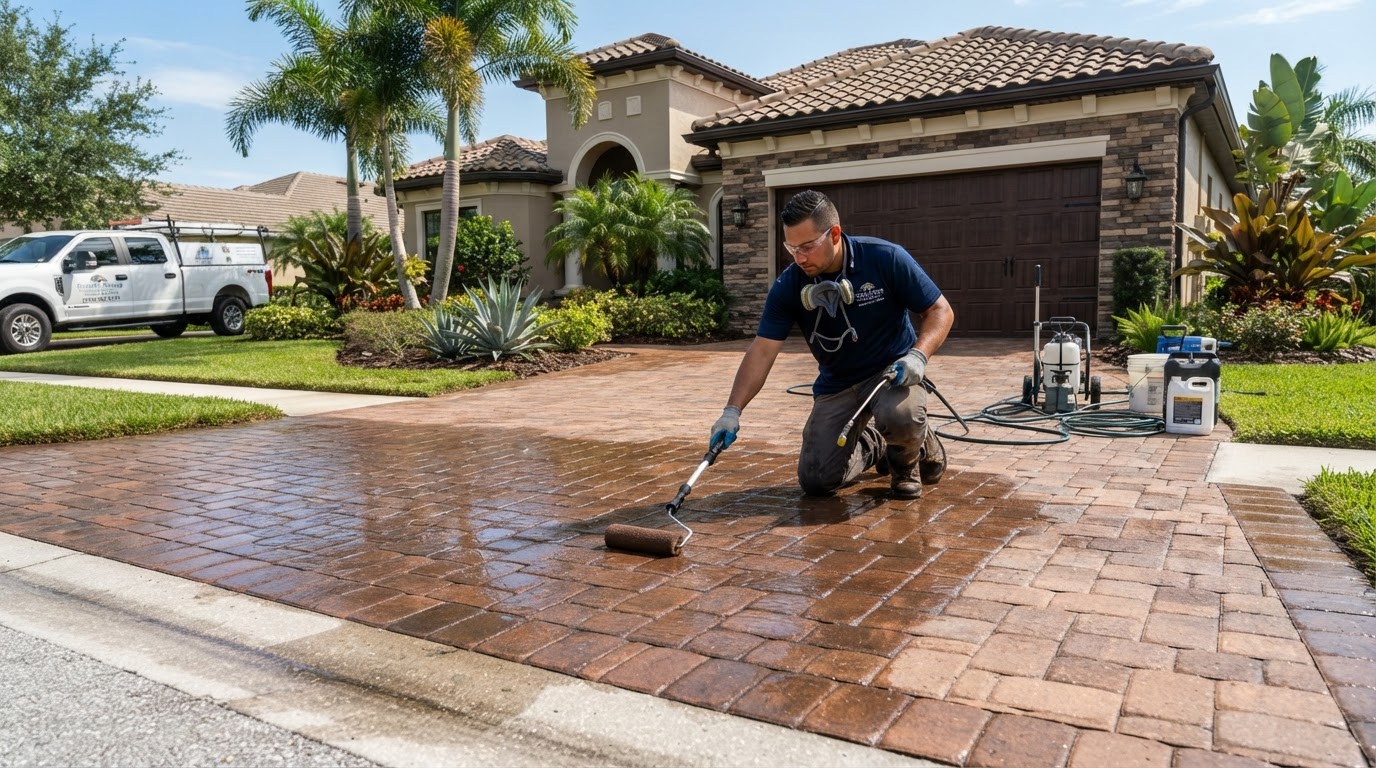 Professional paver sealing on a residential driveway serving Lake Mary, Florida