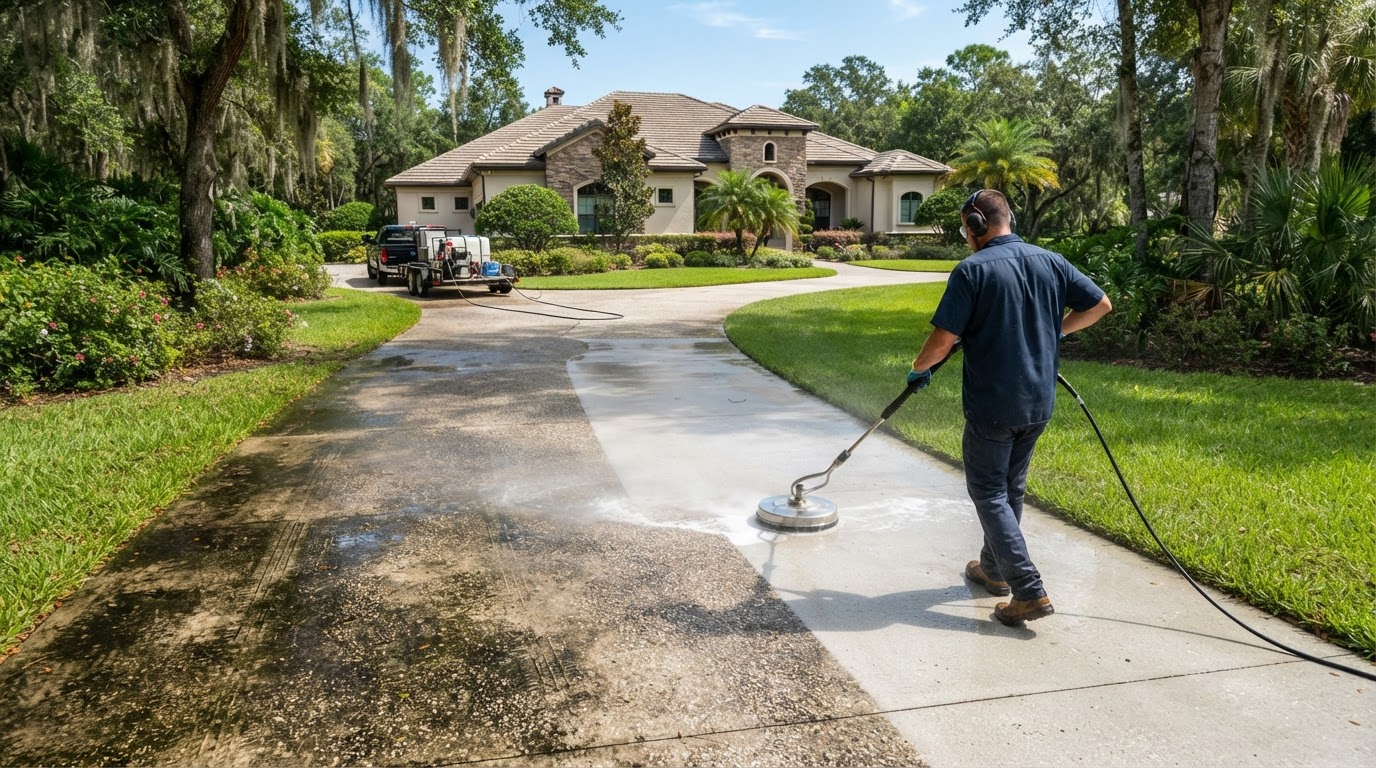 Professional pressure washing of a long residential concrete driveway serving Samsula-Spruce Creek, Florida