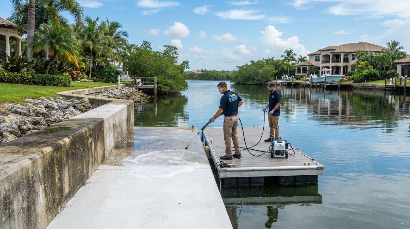 Coastal Florida concrete seawall and bulkhead being professionally soft washed near New Smyrna Beach, Florida